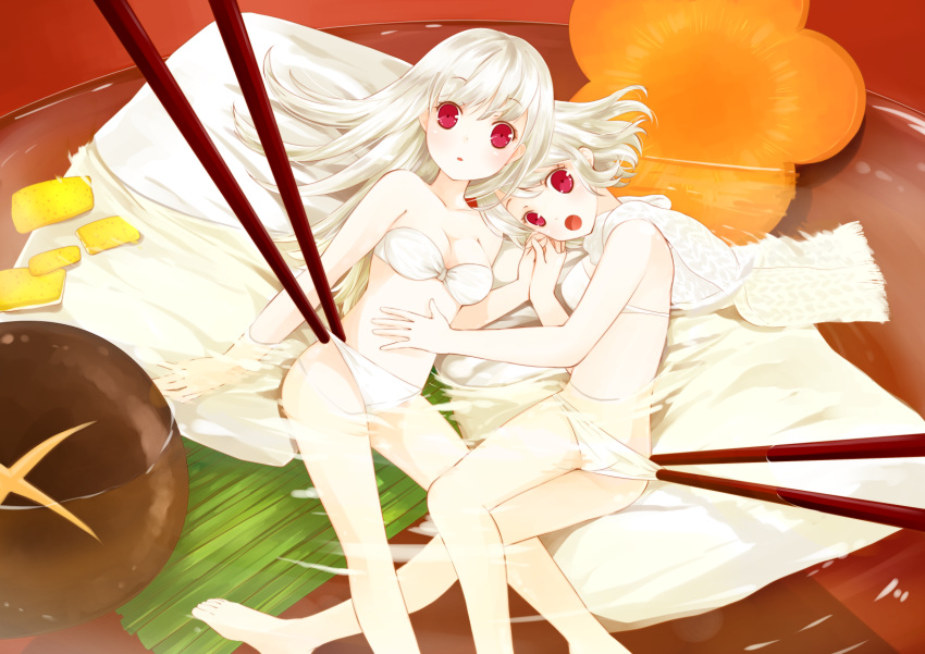 2girls :o ahira_yuzu albino ass bangs barefoot bikini blush carrot chopsticks collarbone eyebrows eyebrows_visible_through_hair flower food highres holding_hands in_bowl in_container in_food interlocked_fingers looking_at_viewer minigirl mochi multiple_girls mushroom original oversized_object panties panty_pull partially_submerged personification pulled_by_another red_eyes ripples scarf strapless_bikini strapless_swimsuit swimsuit tofu underwear wagashi white_bikini white_hair white_scarf white_swimsuit zouni_soup
