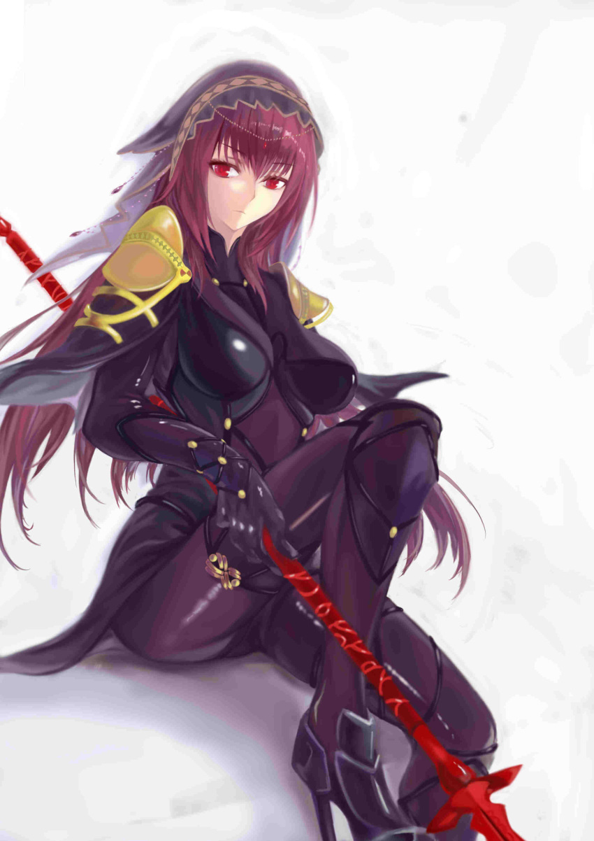 1girl absurdres bodysuit fate/grand_order fate_(series) gae_bolg highres long_hair pauldrons polearm purple_hair red_eyes scathach_(fate/grand_order) sitting solo spear veil weapon