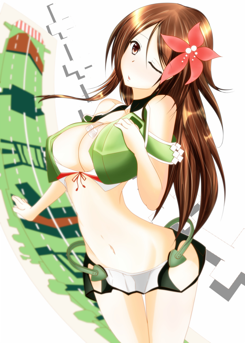 1girl afro_(5426362) amagi_(kantai_collection) banner bare_shoulders breasts brown_eyes brown_hair cleavage_cutout crop_top flower hair_between_eyes hair_flower hair_ornament highres kantai_collection large_breasts looking_at_viewer midriff miniskirt mole mole_under_eye navel one_eye_closed open_mouth remodel_(kantai_collection) shikigami skirt solo