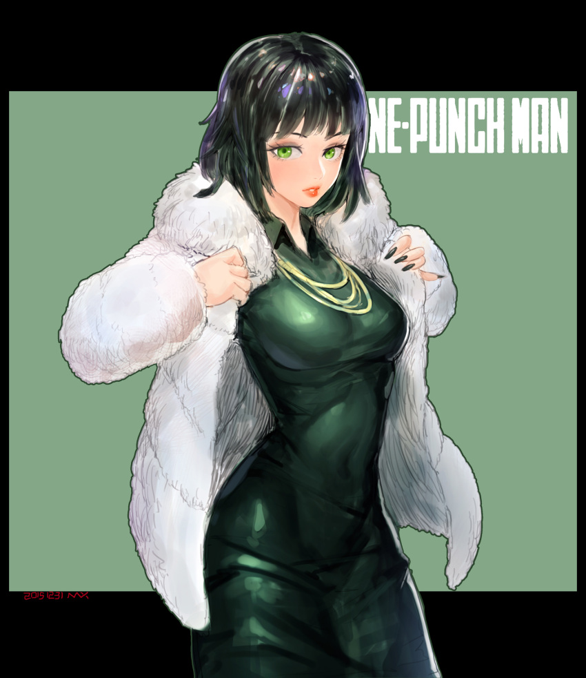 1girl 2015 artist_name bangs black_hair black_nails breasts copyright_name cowboy_shot dated dress fingernails fubuki_(onepunch_man) fur_jacket green_background green_dress green_eyes highres jacket jewelry long_fingernails long_sleeves looking_at_viewer nail_polish nax necklace onepunch_man open_clothes open_jacket parted_lips red_lips short_hair signature solo