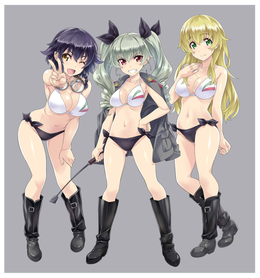 3girls ;d anchovy bikini black_hair blonde_hair boots braid breasts brown_eyes carpaccio cleavage collarbone drill_hair full_body girls_und_panzer goggles goggles_around_neck green_eyes green_hair grey_background grin hair_over_breasts hand_on_hip hand_on_own_chest hand_on_own_thigh highres jacket_on_shoulders knee_boots large_breasts leaning_forward long_hair multiple_girls nagayori navel one_eye_closed open_mouth pepperoni_(girls_und_panzer) riding_crop short_hair side-tie_bikini side_braid simple_background smile swimsuit twin_drills twintails yellow_eyes