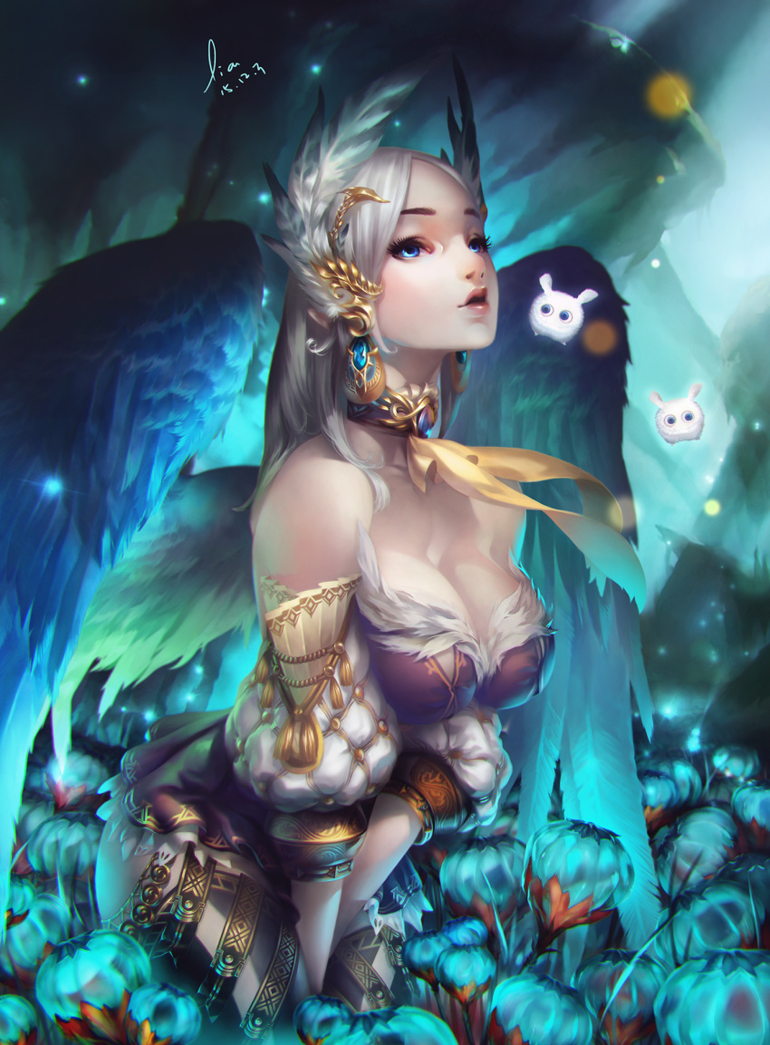 1girl artist_name between_legs blue_eyes breasts choker cleavage collarbone dated detached_sleeves feathers floer hair_ornament hand_between_legs highres large_breasts lipstick makeup miniskirt pale_skin parted_lips puffy_sleeves silver_hair skirt solo wings zozoda