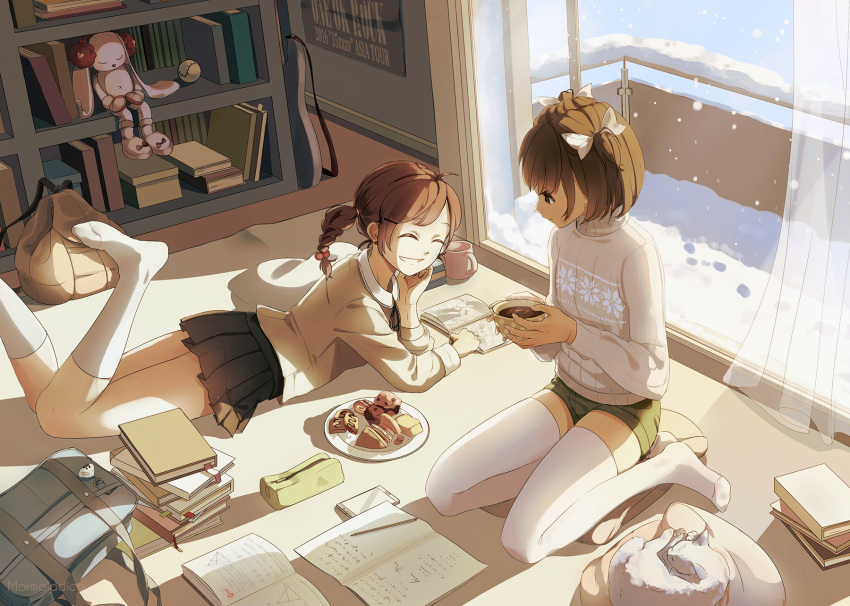 2girls :d ^_^ ahoge backpack backpack_removed bag balcony baseball black_skirt book bookshelf braid brown_eyes brown_hair cat closed_eyes comfy comic cup curtains earrings food friends guitar hair_ornament hair_ribbon hairclip highres homework hot_chocolate indoors instrument jewelry kneehighs long_sleeves looking_at_another lying marmalade_(elfless_vanilla) math muffin multiple_girls on_stomach open_mouth original pencil pencil_case pillow plate pleated_skirt poster_(object) ribbon sandwich school_bag short_shorts shorts single_braid sitting skirt sleeping sliding_doors smile snow snowflake_print snowflakes snowing steam sweater teeth thigh-highs trigonometry two_side_up white_fur white_legwear white_ribbon window zettai_ryouiki