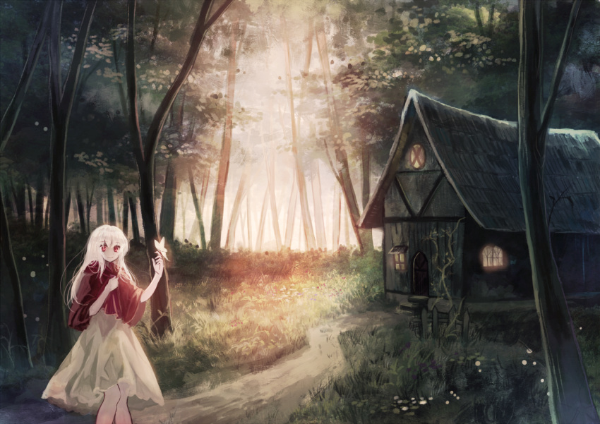 1girl albino butterfly_on_hand forest house long_hair looking_at_viewer miyakure nature path red_eyes revision road shirt silver_hair skirt smile solo sound_horizon white_hair