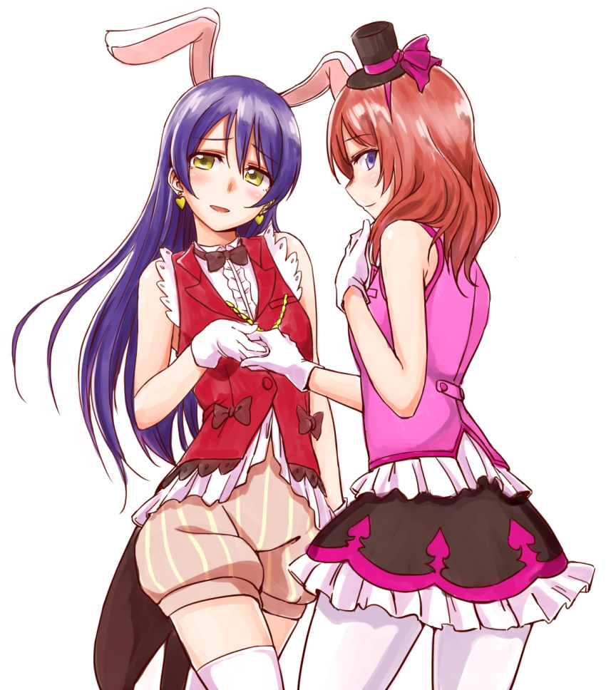 2girls :d animal_ears bare_shoulders blue_hair blush bowtie coattails earrings frilled_skirt frills gloves hand_on_own_chest hat headband heart heart_earrings highres holding_hands jewelry korekara_no_someday kyuusenbinore_(gavion) long_hair looking_at_viewer love_live!_school_idol_project mini_top_hat multiple_girls nishikino_maki open_mouth pantyhose rabbit_ears redhead short_hair shorts simple_background skirt sleeveless small_breasts smile sonoda_umi striped thigh-highs top_hat vertical_stripes vest violet_eyes white_background white_gloves white_legwear yellow_eyes