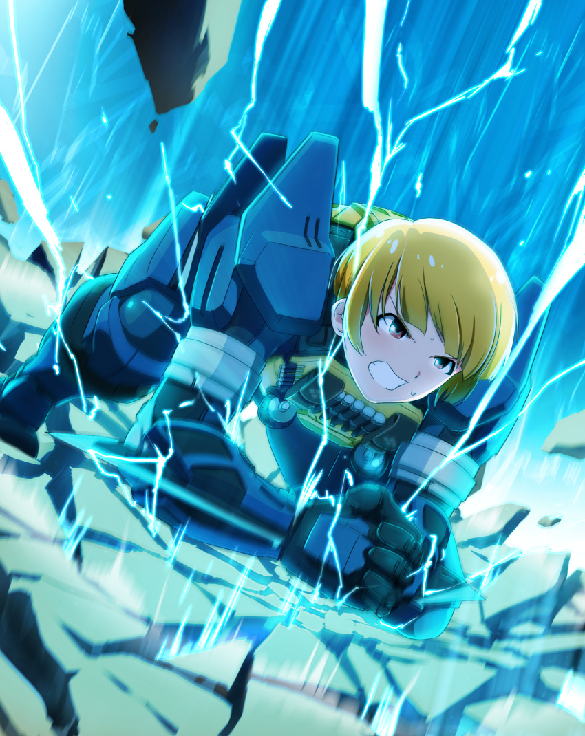 armor blonde_hair brown_eyes clenched_teeth destiny_(game) electricity fukuda_noriko hands_clasped highres idolmaster idolmaster_million_live! power_armor short_hair takahashi_umori titan_(destiny)