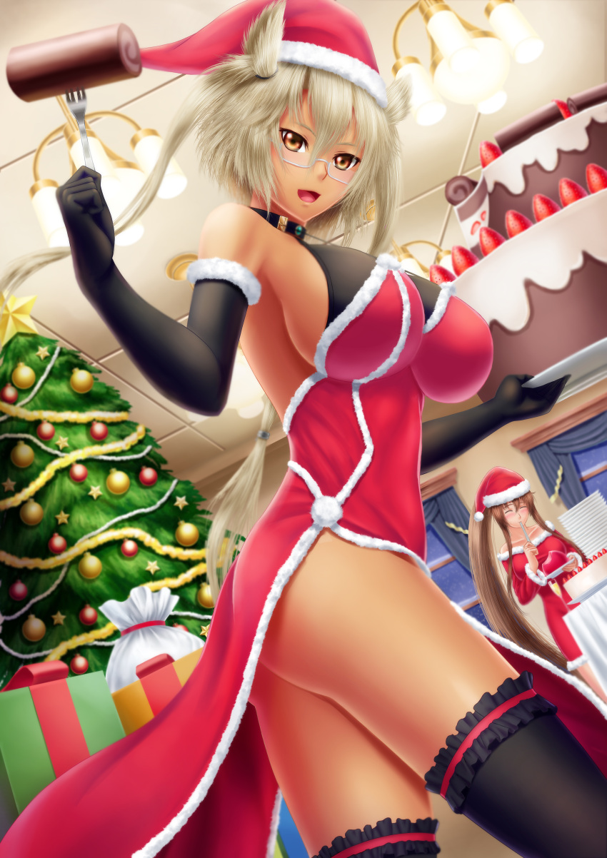 absurdres alcohol black_gloves black_legwear blonde_hair breasts brown_eyes brown_hair cake champagne champagne_flute chandelier character_check christmas christmas_ornaments christmas_tree collar cup dark_skin drapes dress drinking_glass eating elbow_gloves food fruit fur_trim gift glasses gloves hair_between_eyes halterneck hat highres kantai_collection large_breasts masatoki musashi_(kantai_collection) neck pantyhose red_dress sack santa_costume santa_hat short_hair snowing strawberry swiss_roll thigh-highs thighs twintails two_side_up window yamato_(kantai_collection)