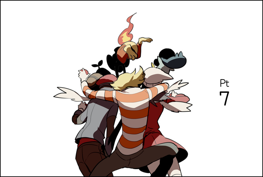 1girl 2boys animal_on_head animal_on_shoulder anniversary arm_around_neck back black_hair blonde_hair chimchar coat copyright_name domu_(hamadura) fire from_behind hand_in_pocket hat highres hikari_(pokemon) holding holding_poke_ball jun_(pokemon) kouki_(pokemon) long_hair long_sleeves multiple_boys number pants piplup poke_ball pokemon pokemon_(creature) pokemon_(game) pokemon_dppt sandwiched scarf shirt simple_background striped striped_shirt turtwig white_background