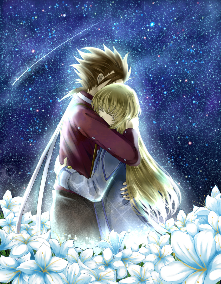 1boy 1girl blonde_hair brown_hair character_request closed_eyes collet_brunel couple delsaber flower highres hug lloyd_irving long_hair night outdoors short_hair sky spiky_hair star_(sky) starry_sky tales_of_(series) tales_of_symphonia