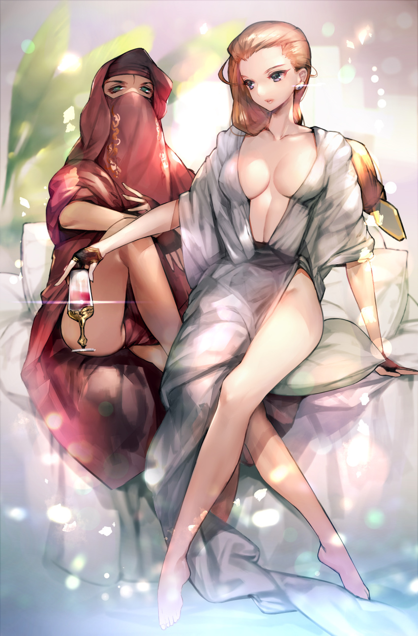 2girls absurdres alcohol aqua_eyes arabian_clothes barefoot breasts brown_hair center_opening closed_mouth collarbone copyright_request cup drinking_glass earrings hair_slicked_back highres hitowa holding_drinking_glass jewelry large_breasts leaf lens_flare long_hair looking_at_viewer looking_away looking_to_the_side mask multiple_girls obi parted_lips pillow pink_lips sash sitting upskirt veil violet_eyes wine wine_glass