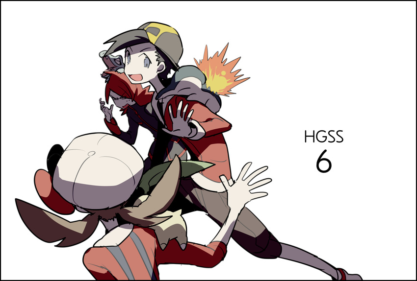 1boy 1girl animal_on_head animal_on_shoulder anniversary back bangs baseball_cap black_border black_hair blue_eyes border brown_hair chikorita copyright_name cyndaquil domu_(hamadura) fire from_above from_side gold_(pokemon) hat hat_ribbon highres jacket kotone_(pokemon) long_sleeves looking_at_another number overalls pants parted_bangs pokemon pokemon_(creature) pokemon_(game) pokemon_hgss redhead ribbon silver_(pokemon) simple_background sweatdrop totodile twintails waving white_background