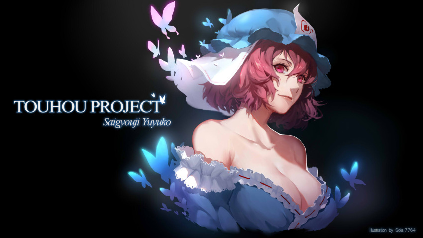 1girl bare_shoulders blue_dress breasts butterfly character_name cleavage darkness dress glowing_butterfly hat highres large_breasts mob_cap off_shoulder pink_eyes pink_hair saigyouji_yuyuko short_hair sola7764 solo touhou triangular_headpiece upper_body veil