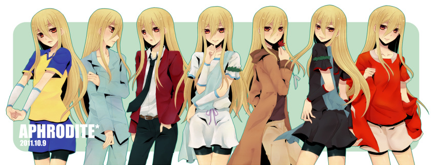 1boy afuro_terumi bike_shorts blonde_hair character_name collage dated highres hinaame inazuma_eleven inazuma_eleven_(series) long_hair male_focus necktie pajamas red_eyes soccer_uniform sportswear