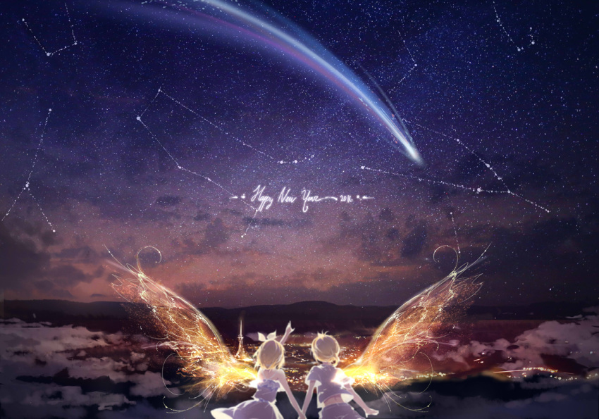 1boy 1girl 2016 alternate_costume arm_at_side arms_at_sides back blonde_hair bow camisole city clouds constellation english glowing glowing_wings happy_new_year kagamine_len kagamine_rin kinokohime_(mican02rl) low_ponytail mountain new_year night night_sky outdoors pointing shirt shooting_star short_hair short_sleeves single_wing skirt sky sleeveless star_(sky) starry_sky upshirt vocaloid white_bow white_shirt white_shorts white_skirt wind wings