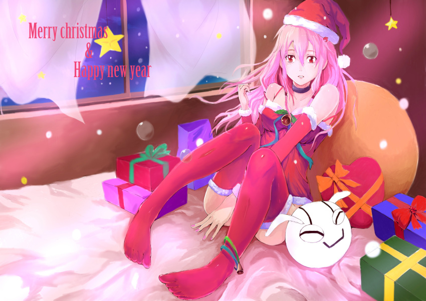 1girl absurdres bare_shoulders blush breasts detached_sleeves fyu-neru guilty_crown hair_ornament hairclip happy_new_year hat highres long_hair looking_at_viewer merry_christmas new_year pink_hair red_eyes santa_hat solo thigh-highs twintails xiao_miao yuzuriha_inori
