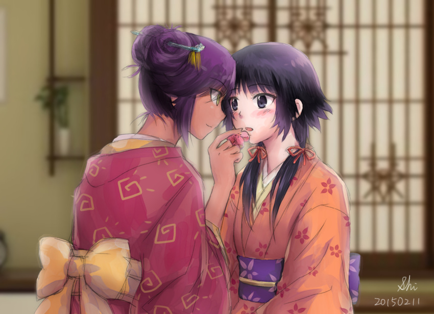 2girls bleach blush dated feeding hair_ornament hair_ribbon hair_stick indoors japanese_clothes kimono low_twintails multiple_girls obi ribbon sash shihouin_yoruichi shizuhime short_hair signature sliding_doors smile sui-feng twintails wife_and_wife yuri