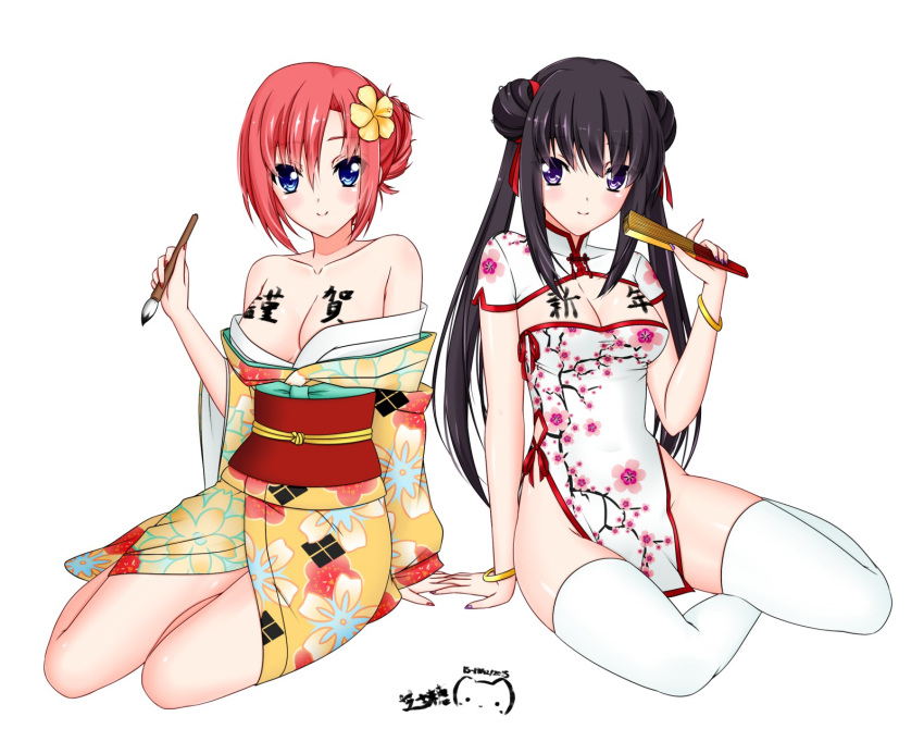 2016 2girls black_hair blue_eyes blush body_writing breasts china_dress chinese_clothes cleavage fan folding_fan highres japanese_clothes kimono long_hair looking_at_viewer multiple_girls nengajou new_year off_shoulder original paintbrush ppshex redhead short_hair smile thigh-highs twintails violet_eyes