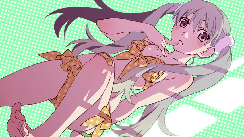 1girl bandaid bandaid_on_knee bare_legs barefoot bikini black_eyes black_hair bracelet dutch_angle end_card finger_to_mouth frilled_bikini frills front-tie_top hair_over_breasts halftone halftone_background highres jewelry leg_up long_hair monogatari_(series) oikura_sodachi owarimonogatari pinky_out polka_dot polka_dot_bikini polka_dot_swimsuit small_breasts solo standing_on_one_leg swimsuit twintails watanabe_akio yellow_bikini