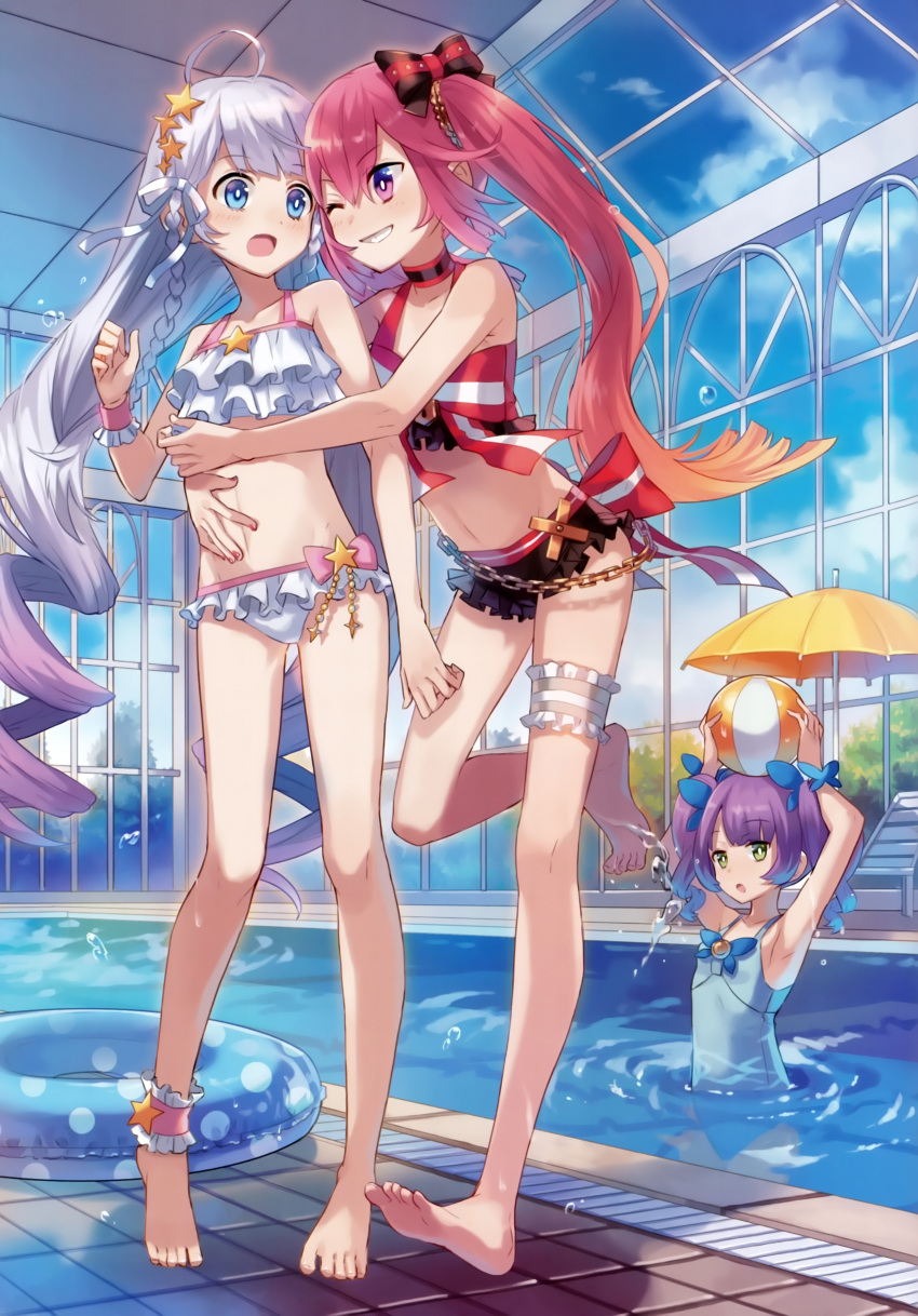 3girls absurdres ahoge ball barefoot beachball bikini blue_eyes bokura_wa_mahou_shoujo_no_naka bow braid chain choker drill_hair eihi error frilled_bikini frills green_eyes grin hair_bow hair_ornament hair_ribbon highres hug hug_from_behind indoor_pool innertube leg_garter long_hair multiple_girls one-piece_swimsuit one_eye_closed open_mouth partially_submerged pink_eyes pool purple_hair redhead ribbon silver_hair sky smile star_hair_ornament swimsuit twin_braids twin_drills twintails very_long_hair wet window wrong_feet