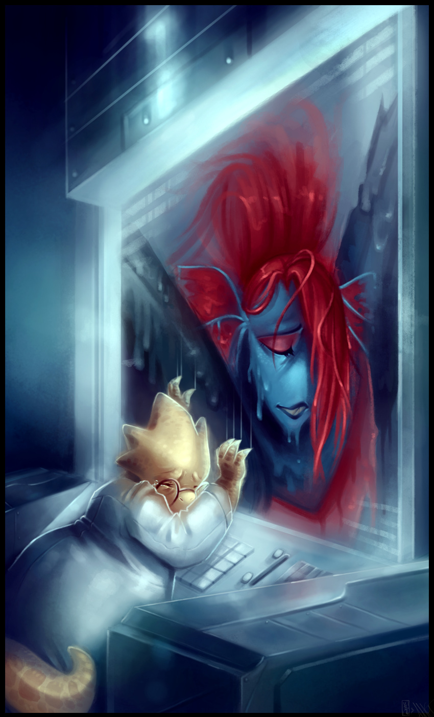 2girls absurdres alphys armor blue_skin claws closed_eyes closed_mouth crying dying eyeshadow glasses head_fins highres huge_filesize labcoat makeup melting monitor monster_girl multiple_girls pikminaaa ponytail red_eyeshadow redhead sharp_teeth signature spoilers tail tears undertale undyne undyne_the_undying