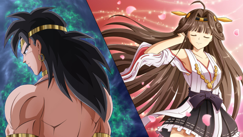 1boy 1girl ahoge armband black_eyes black_hair broly brown_hair circlet closed_eyes collar crossover detached_sleeves dragon_ball dragon_ball_z earrings from_behind hairband highres jewelry kantai_collection kongou_(kantai_collection) nontraditional_miko ohoho petals pleated_skirt shirtless skirt winged_hairband