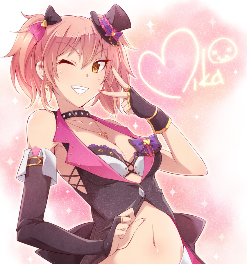1girl asymmetric_gloves bare_shoulders bow breasts bridal_gauntlets character_name choker cleavage collarbone e20 earrings elbow_gloves fingerless_gloves gloves grin hair_bow hat heart highres idolmaster idolmaster_cinderella_girls jewelry jougasaki_mika mini_top_hat navel necklace one_eye_closed pink_hair shiny shiny_hair short_hair short_twintails smile solo sparkle sweat top_hat twintails v vest yellow_eyes
