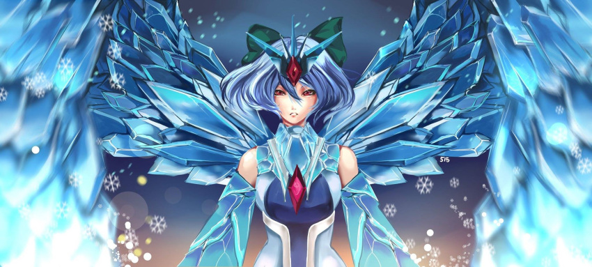 1girl anivia anivia_(cosplay) blue_background blue_hair cirno gem hair_ornament hair_ribbon hannah_santos highres ice ice_wings league_of_legends red_eyes ribbon snowflakes touhou upper_body wings