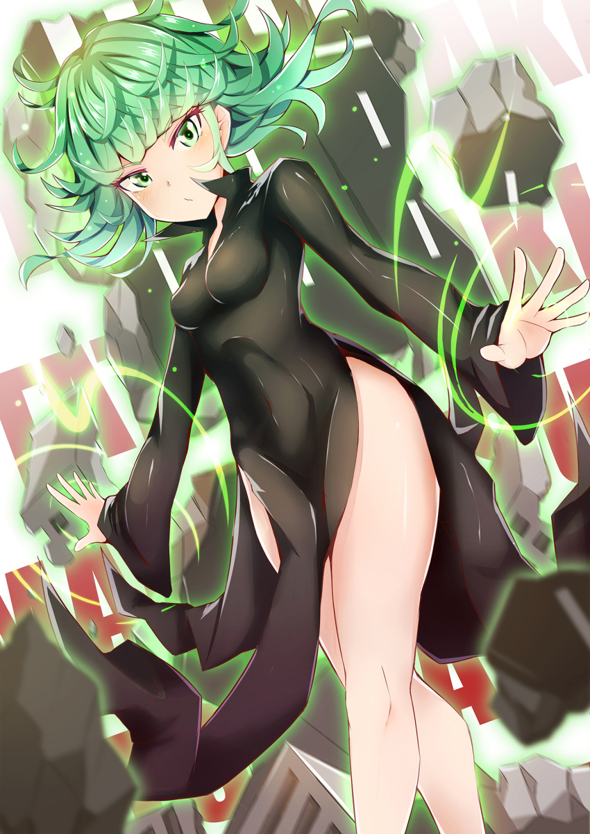 1girl black_dress blush dress floating_rock green_eyes green_hair highres legs looking_at_viewer onepunch_man short_hair solo sylphine tatsumaki