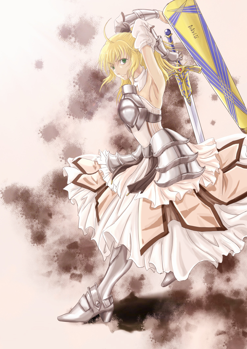 1girl absurdres ahoge armor armored_boots armored_dress armpits artist_request avalon_(fate/stay_night) blonde_hair caliburn chestplate detached_sleeves dress fate/stay_night fate_(series) green_eyes highres looking_at_viewer saber saber_lily solo