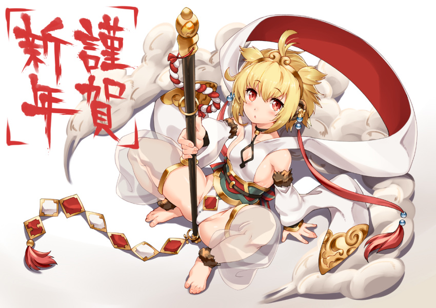 1girl ahoge anchira argyle_cutout bangs barefoot blonde_hair breasts choker cleavage cleavage_cutout clouds detached_sleeves eyebrows eyebrows_visible_through_hair fur_trim granblue_fantasy hair_ornament hairband holding_weapon jewelry leggings looking_at_viewer marble red_eyes ring rope see-through shinozuka_atsuto short_hair sideboob sitting solo spread_legs staff tassel two_side_up