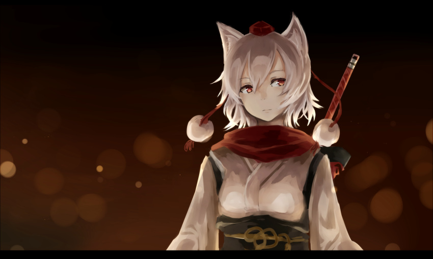 1girl animal_ears breasts hat highres inubashiri_momiji kamiya_suzume looking_away red_eyes short_hair silver_hair solo tokin_hat touhou upper_body weapon wolf_ears