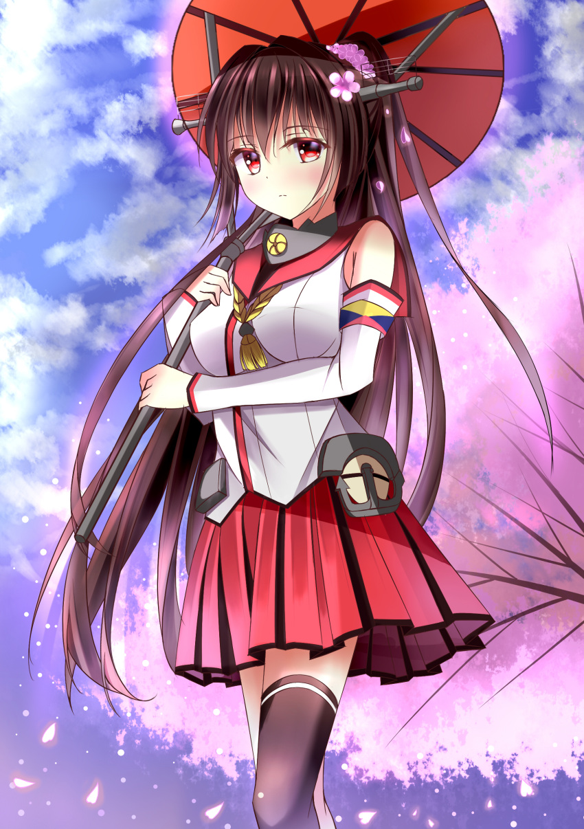 1girl absurdres asymmetrical_legwear black_legwear breasts brown_hair cherry_blossoms flower hair_flower hair_ornament highres holding_umbrella kantai_collection long_hair ponytail red_eyes solo thigh-highs tongtongtong yamato_(kantai_collection)