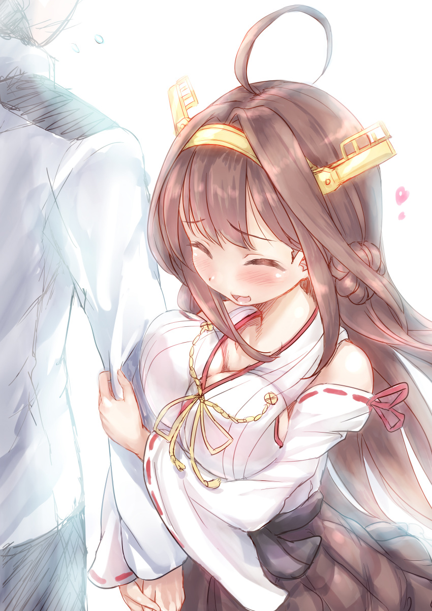 1boy 1girl absurdres admiral_(kantai_collection) ahoge arm_hug bare_shoulders blush breast_press breasts bright_background brown_hair check_commentary closed_eyes commentary_request detached_sleeves double_bun faceless faceless_male hair_ornament hairband headgear heart highres japanese_clothes kantai_collection kongou_(kantai_collection) large_breasts long_hair long_sleeves military military_uniform mogera81 nontraditional_miko open_mouth remodel_(kantai_collection) simple_background skirt smile uniform white_background