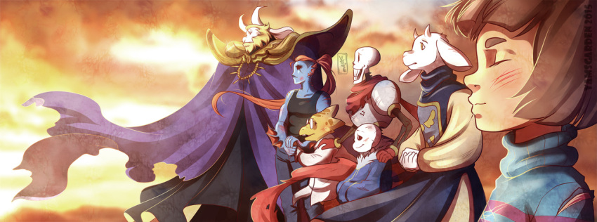 3boys 3girls alphys androgynous armor asgore_dreemurr beard blonde_hair blue_skin brown_hair cloak closed_eyes denim evening eyepatch facial_hair frisk_(undertale) glasses gloves good_end hands_in_pockets hands_on_another's_shoulder head_fins holding_hands hoodie horns injury labcoat monster_boy monster_girl multiple_boys multiple_girls papyrus_(undertale) pauldrons ponytail red_scarf redhead robe sans scarf shirt shoulder_pads signature skeleton sky sleeveless sleeveless_shirt smile spoilers striped striped_sweater sweater tabard tank_top toriel torn_clothes turtleneck undertale undyne yamsgarden yellow_eyes yellow_skin