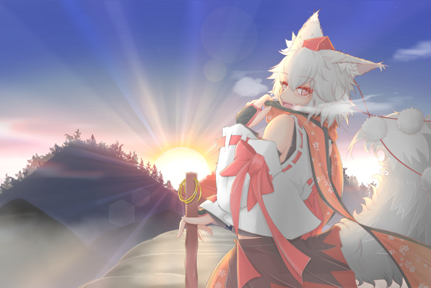 1girl animal_ears cube85 detached_sleeves hat hat_ribbon highres inubashiri_momiji long_sleeves looking_at_another looking_at_viewer open_mouth pink_eyes pom_pom_(clothes) ribbon scarf shirt short_hair silver_hair skirt sky smile solo sunset tail tokin_hat touhou wide_sleeves wolf_ears wolf_tail
