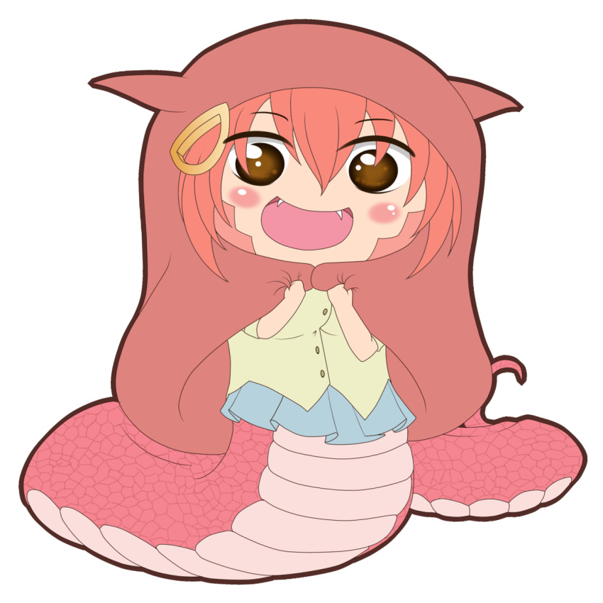 1girl :d animal_hood blush_stickers brown_eyes chibi fangs full_body hair_ornament hairclip highres himouto!_umaru-chan hood lamia miia_(monster_musume) monster_girl monster_musume_no_iru_nichijou open_mouth parody redhead scales simple_background smile solo staticwave transparent_background
