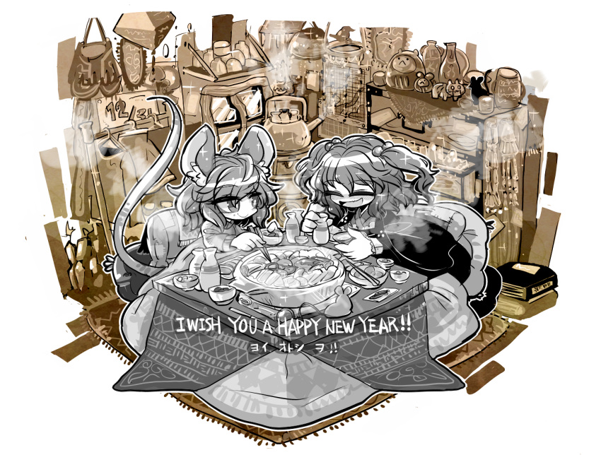 2girls animal_ears hair_bobbles hair_ornament happy_new_year kotatsu mouse_ears mouse_tail multiple_girls nabe nazrin new_year onozuka_komachi sepia smile table tail touhou twintails yt_(wai-tei)