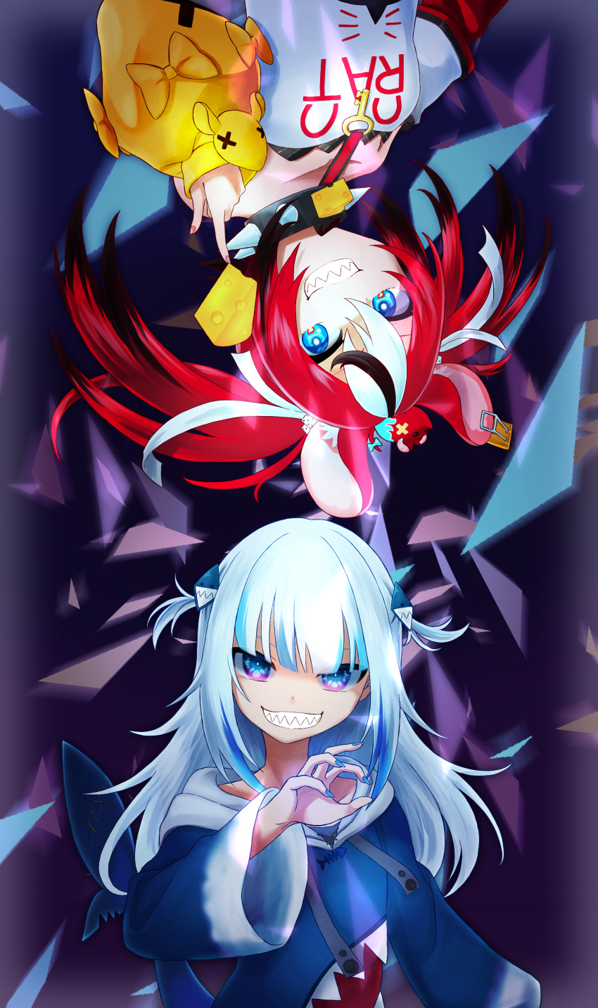 2girls absurdres animal_hood bangs blue_eyes blue_hair blunt_bangs dice_hair_ornament gawr_gura hair_ornament hakos_baelz highres holocouncil hololive hololive_english holomyth hood ichiran key_necklace medium_hair mouse_girl mr._squeaks_(hakos_baelz) multicolored_hair multiple_girls shark_girl shark_hair_ornament shark_hood sharp_teeth silver_hair streaked_hair teeth two_side_up virtual_youtuber