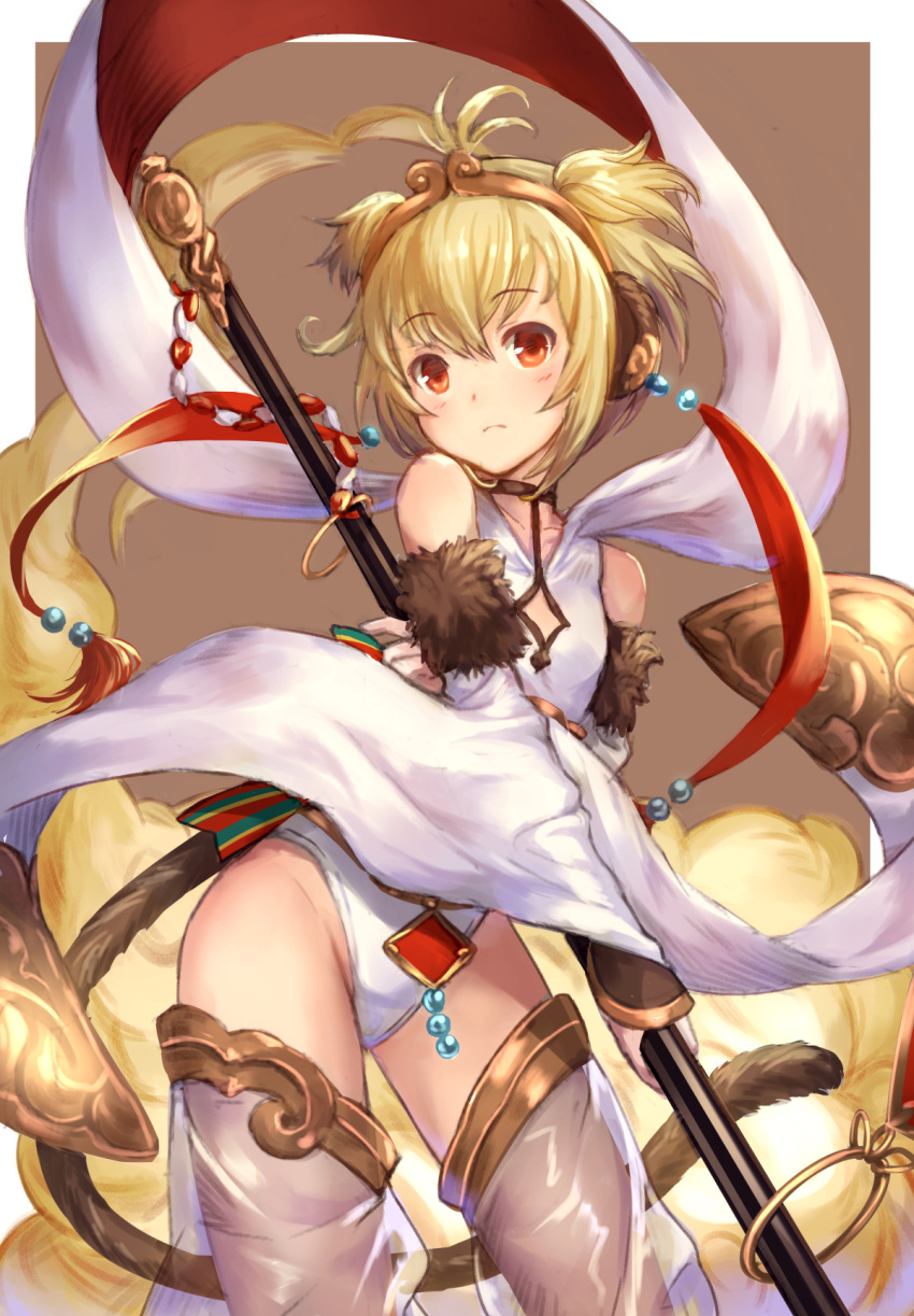 1girl anchira animal_ears blonde_hair breasts brown_eyes detached_sleeves granblue_fantasy hair_between_eyes hair_ornament hairband highres looking_at_viewer maruyama-jp monkey_tail short_hair solo staff tail thigh-highs two_side_up white_clothes white_legwear wide_sleeves