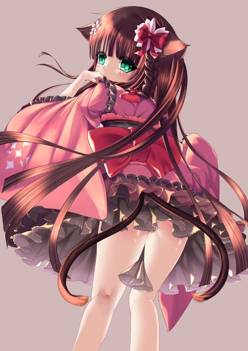 1girl absurdres animal_ears ass blush braid brown_hair cat_ears covering_mouth flower from_behind green_eyes hair_flower hair_ornament highres japanese_clothes kimono kneepits legs long_hair looking_back multiple_tails original ribbon solo tail very_long_hair yukata