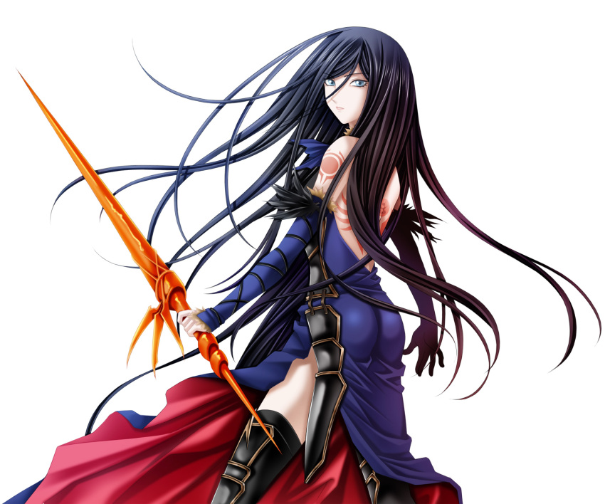 1girl armor ass black_hair blue_dress blue_eyes castlevania dress highres holding_weapon long_hair looking_at_viewer shanoa simple_background solo tamamon white_background