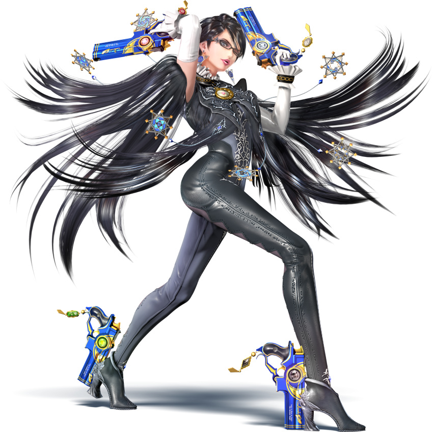 1girl alternate_hair_length alternate_hairstyle ankle_gun bayonetta bayonetta_(character) bayonetta_2 black_hair blue_eyes bodysuit earrings elbow_gloves glasses gloves gun handgun highres jewelry lipstick makeup super_mario_bros. mole mole_under_mouth official_art one_eye_closed pistol semi-rimless_glasses short_hair simple_background super_smash_bros. weapon white_gloves