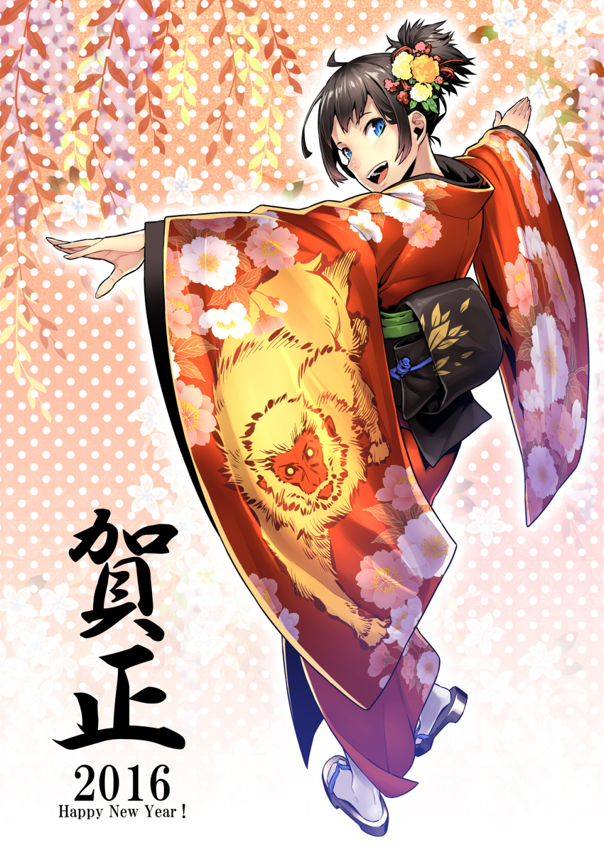 1girl 2016 :d black_hair blue_eyes hair_ornament happy_new_year highres japanese_clothes kimono kunieda looking_at_viewer nengajou new_year open_mouth original ponytail sandals sash short_ponytail smile solo tabi teeth white_legwear