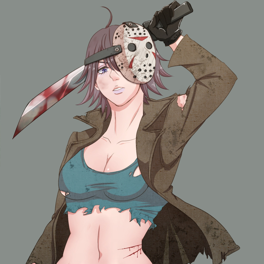 1girl ahoge blood breasts brown_hair cleavage dirty friday_the_13th genderswap highres hockey_mask iru_(carnage6) jacket jason_voorhees lavender_eyes lipstick machete makeup midriff navel neck one_eye_covered purple_lipstick scratches solo torn_clothes upper_body