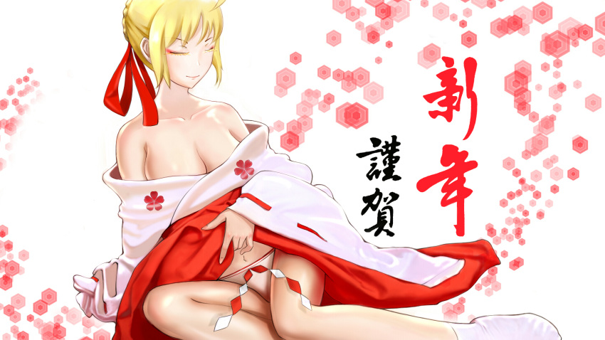 1girl ahoge blonde_hair breasts closed_eyes fate/stay_night fate_(series) highres japanese_clothes kimono kissbaby large_breasts navel panties partially_undressed saber solo underwear