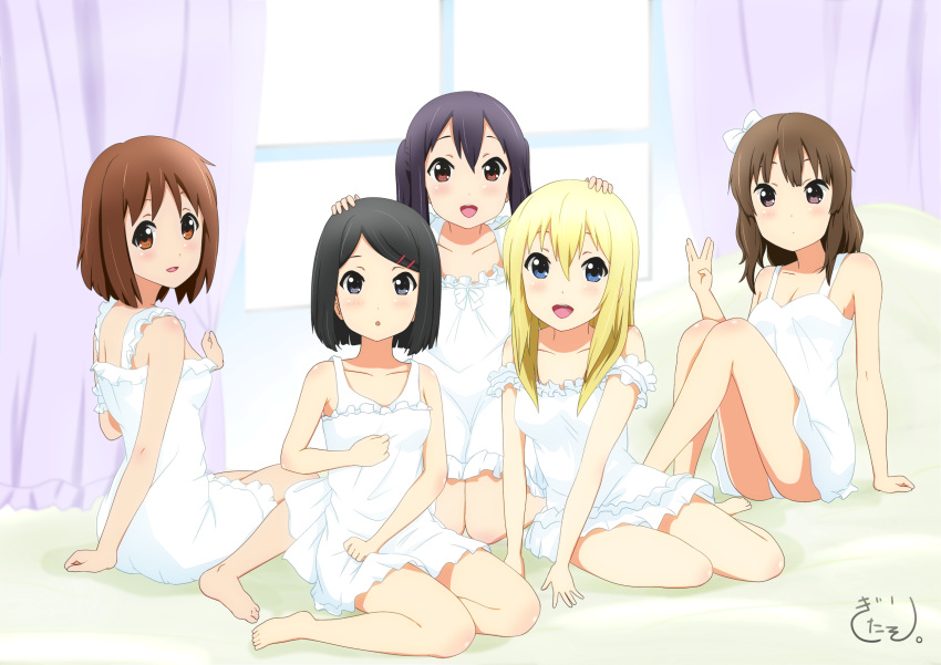 5girls black_hair blonde_hair blue_eyes brown_eyes brown_hair camisole curtains giritaso grey_eyes hair_down hair_ornament hair_ribbon hairclip highres hirasawa_ui k-on! long_hair multiple_girls nakano_azusa no_glasses okuda_nao panties pantyshot pantyshot_(sitting) ribbon saitou_sumire salute short_hair sitting strap_slip suzuki_jun twintails underwear violet_eyes vulcan_salute window yokozuwari