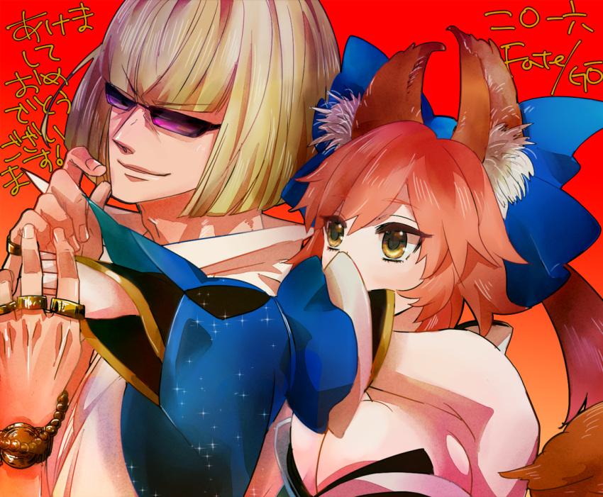 1boy 1girl abc_web animal_ears blonde_hair bow caster_(fate/extra) cleavage_cutout detached_sleeves fate/grand_order fate_(series) fox_ears fox_tail hair_bow hug hug_from_behind jewelry pink_hair ring sakata_kintoki_(fate/grand_order) smile sunglasses tail