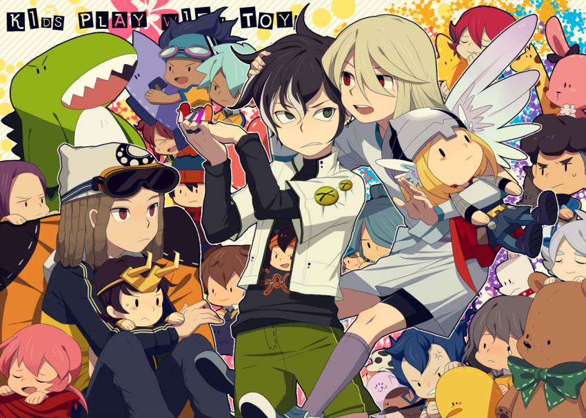 &gt;_&lt; 6+boys :&lt; :3 afuro_terumi anger_vein bike_shorts black_hair blonde_hair blue_hair blush_stickers brown_hair chibi closed_eyes dark_skin demonio_strada endou_mamoru fubuki_shirou giraffe goggles_on_hat green_eyes grey_hair hairlocs hamano_kaiji hat hayami_tsurumasa inazuma_eleven inazuma_eleven_(series) inazuma_eleven_go kariya_masaki kazemaru_ichirouta kidou_yuuto kirino_ranmaru kneehighs laphy long_hair male_focus marvel matsukaze_tenma miniboy multicolored_hair multiple_boys open_mouth pink_hair purple_hair purple_legwear rabbit redhead soccer_uniform south_park sportswear stan_marsh star stuffed_animal stuffed_bird stuffed_dinosaur stuffed_toy sweatdrop teddy_bear thor_(marvel) two-tone_hair