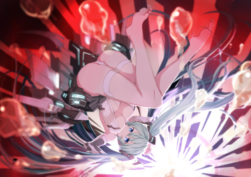1girl aqua_hair ass barefoot blue_eyes breasts cleavage hatsune_miku highres large_breasts long_hair looking_at_viewer panties solo twintails underwear upside-down vocaloid white_panties zheyi_parker