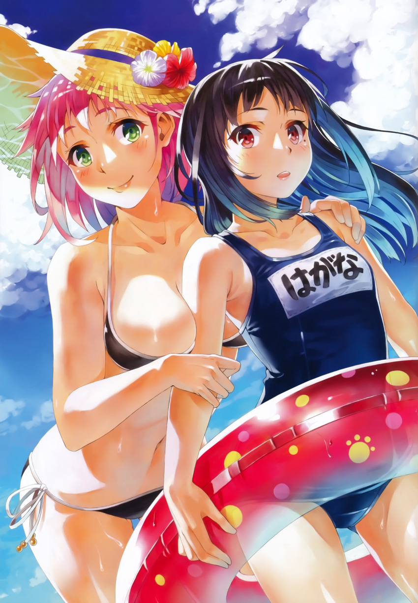 2girls absurdres bikini black_bikini black_hair breasts cleavage clouds collarbone green_eyes hagana_(world_end_economica) hand_on_another's_shoulder hat highres innertube large_breasts leaning_forward looking_at_viewer mole mole_under_eye multiple_girls pink_hair red_eyes risa_(world_end_economica) school_swimsuit side-tie_bikini smile straw_hat swimsuit uwatsuki_isshiki world_end_economica